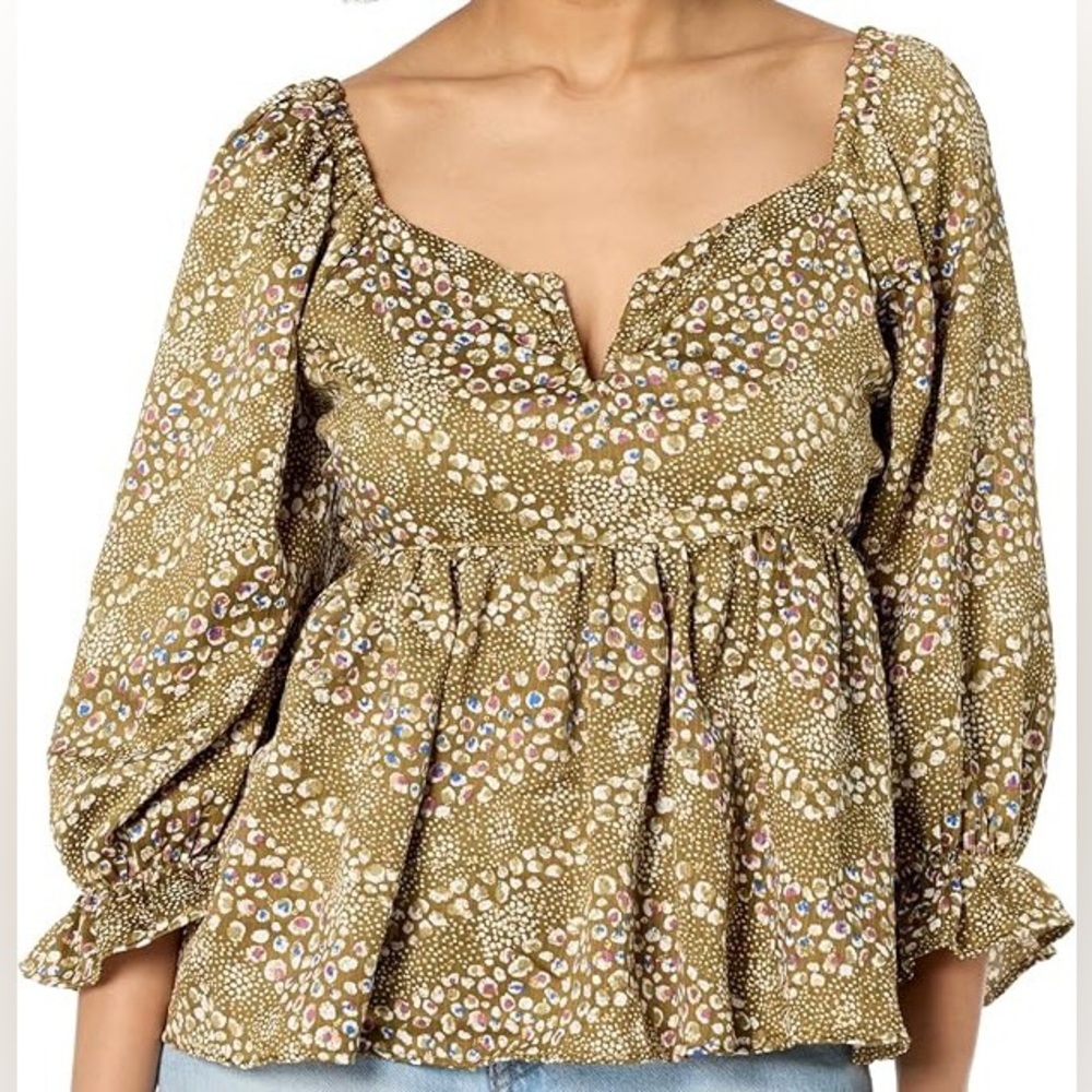 Angie Boho Babydoll Blouse NWT Women’s Olive V neck Peasant Top size L - Picture 2 of 16